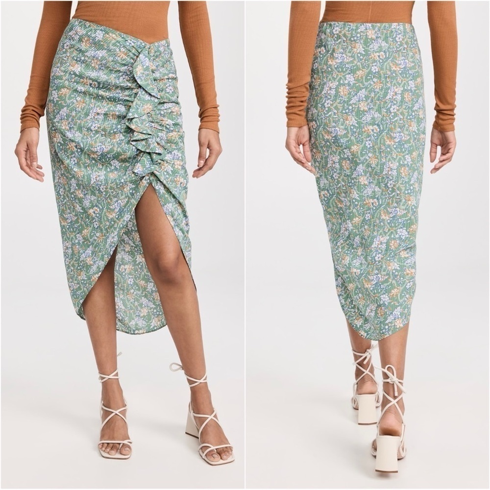 Veronica Beard Hazel Skirt Midi Ruffle Floral Dark Seafoam Multi XL NWT New